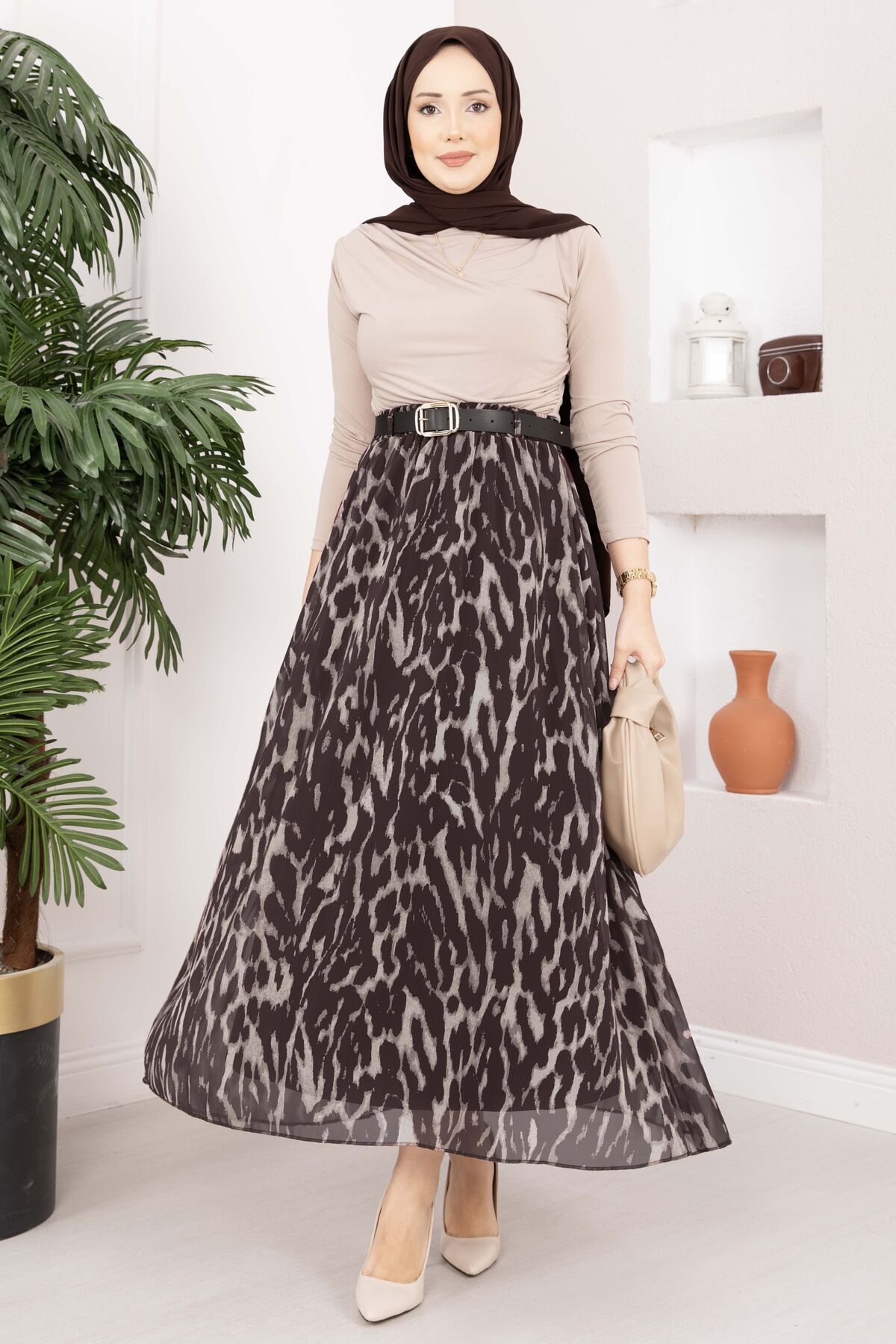 Leopard Print Chiffon Skirt with Belt Brown