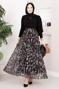 Leopard Print Chiffon Skirt with Belt Black