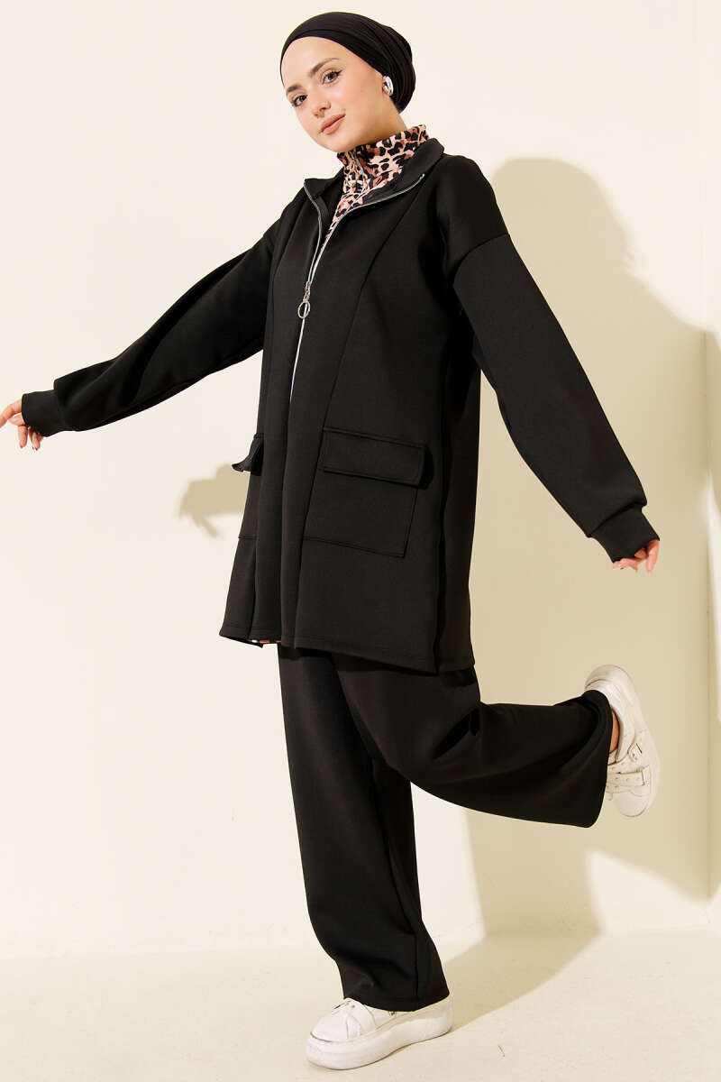 Leopard Panel Zip-Up Scuba Two-Piece Set Black