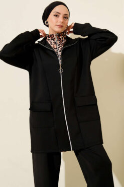 Alternative view of Leopard Panel Zip-Up Scuba Two-Piece Set Black