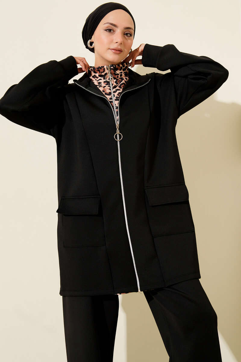 Leopard Panel Zip-Up Scuba Two-Piece Set Black - الصورة 2