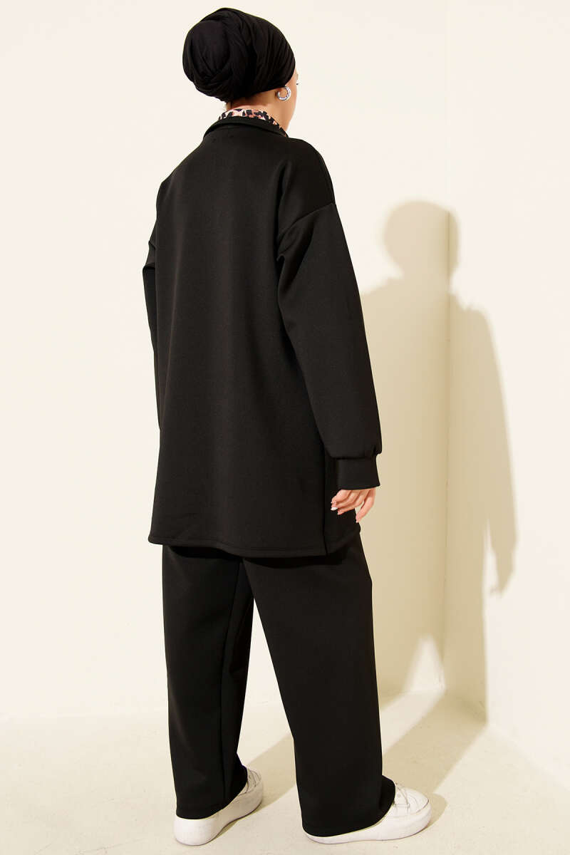 Leopard Panel Zip-Up Scuba Two-Piece Set Black - الصورة 3