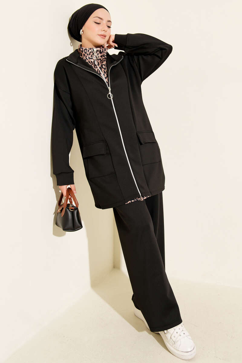 Leopard Panel Zip-Up Scuba Two-Piece Set Black