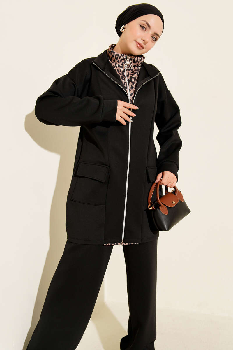Leopard Panel Zip-Up Scuba Two-Piece Set Black - Imagen 2