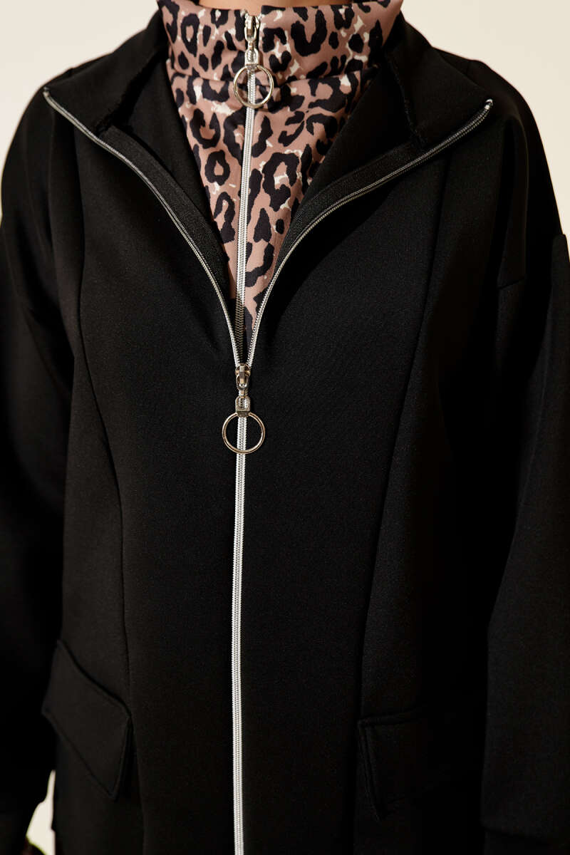 Leopard Panel Zip-Up Scuba Two-Piece Set Black - Imagen 4