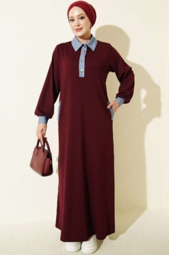 Loyşa Denim Garment with Ribbed Hem Edge Dress Burgundy
