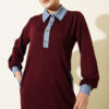 Loyşa Denim Garment with Ribbed Hem Edge Dress Burgundy - الصورة 2
