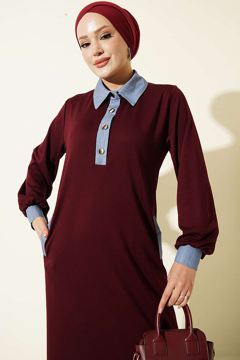 Loyşa Denim Garment with Ribbed Hem Edge Dress Burgundy - الصورة 2