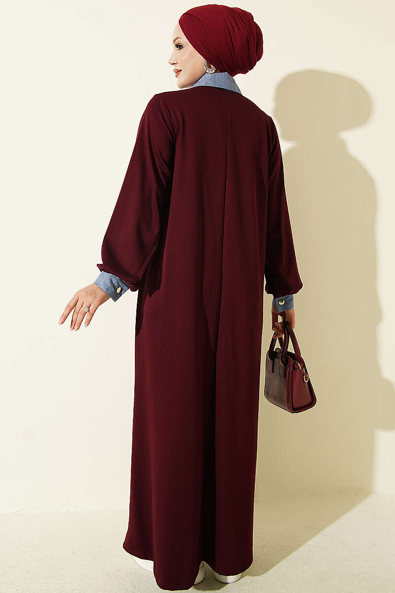 Loyşa Denim Garment with Ribbed Hem Edge Dress Burgundy - الصورة 3