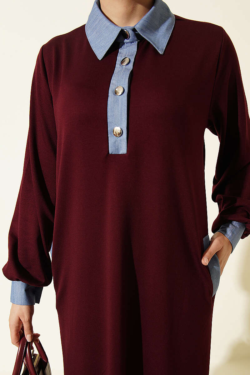 Loyşa Denim Garment with Ribbed Hem Edge Dress Burgundy - الصورة 4