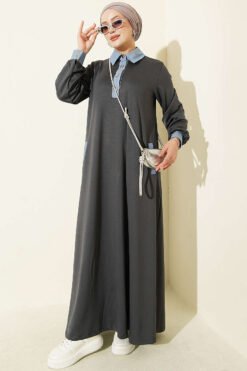 Loyşa Denim Garment with Ribbed Hem Edge Dress Smoke