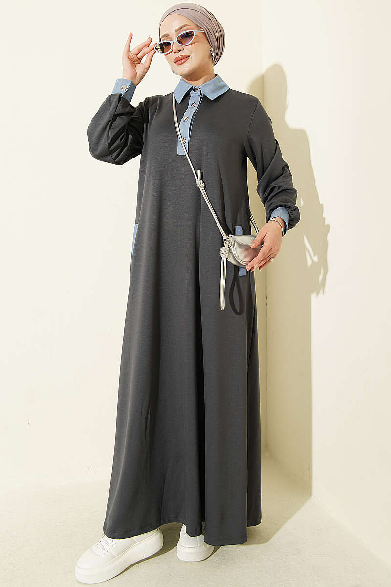 Loyşa Denim Garment with Ribbed Hem Edge Dress Smoke