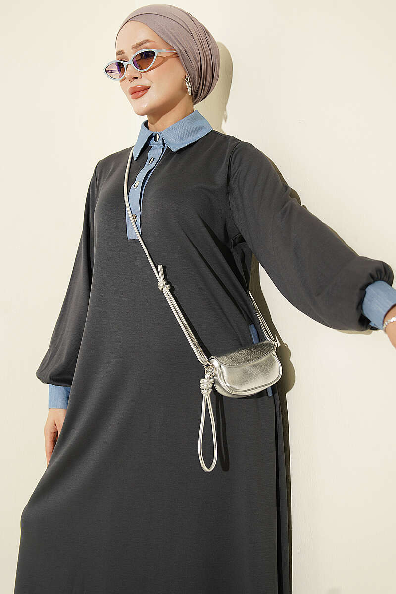 Loyşa Denim Garment with Ribbed Hem Edge Dress Smoke - الصورة 2