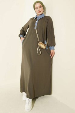 Loyşa Denim Garment with Ribbed Hem Edge Dress Khaki
