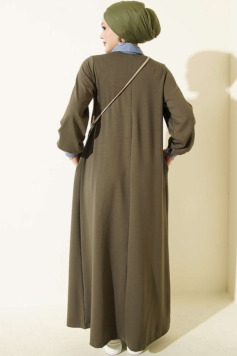 Loyşa Denim Garment with Ribbed Hem Edge Dress Khaki - الصورة 3