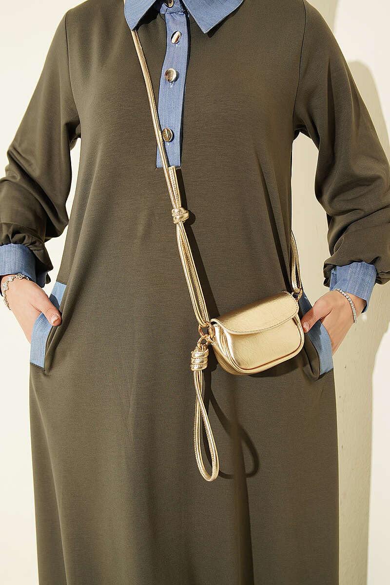 Loyşa Denim Garment with Ribbed Hem Edge Dress Khaki - الصورة 4