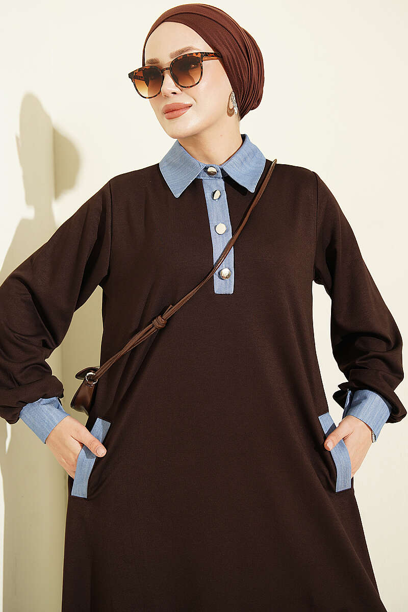 Loyşa Denim Garment with Ribbed Hem Edge Dress Brown - Imagen 2