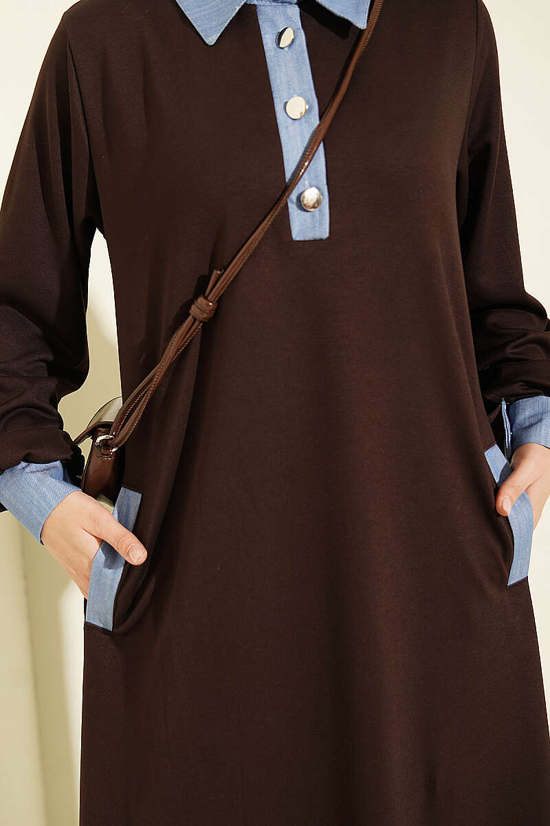 Loyşa Denim Garment with Ribbed Hem Edge Dress Brown - Imagen 4