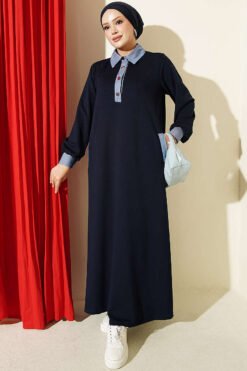 Loyşa Denim Garment with Ribbed Hem Edge Dress Navy Blue