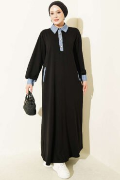 Loyşa Denim Garment with Ribbed Hem Edge Dress Black