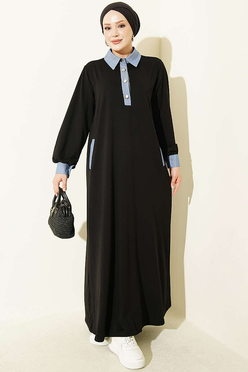 Loyşa Denim Garment with Ribbed Hem Edge Dress Black