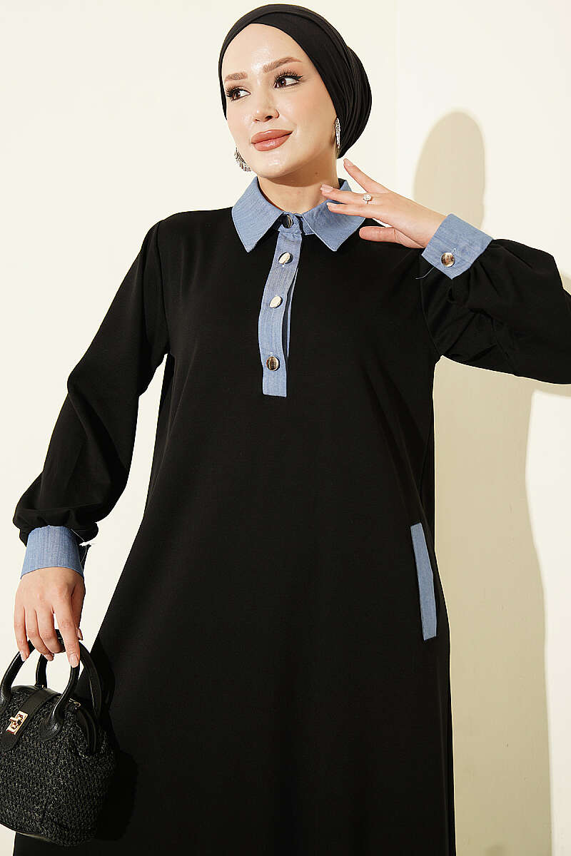 Loyşa Denim Garment with Ribbed Hem Edge Dress Black - Image 2