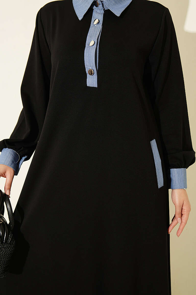 Loyşa Denim Garment with Ribbed Hem Edge Dress Black - Image 4