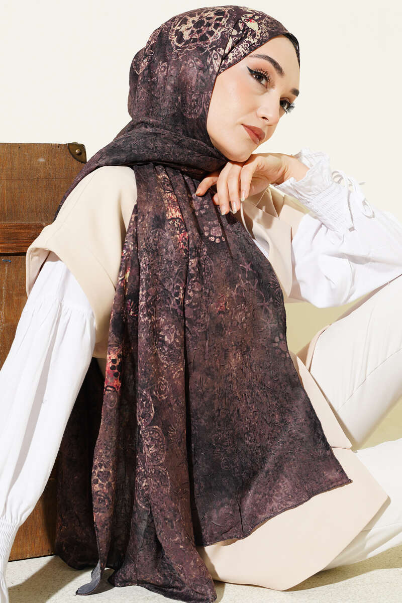Mandala Pattern Bamboo Crinkle Shawl Brown
