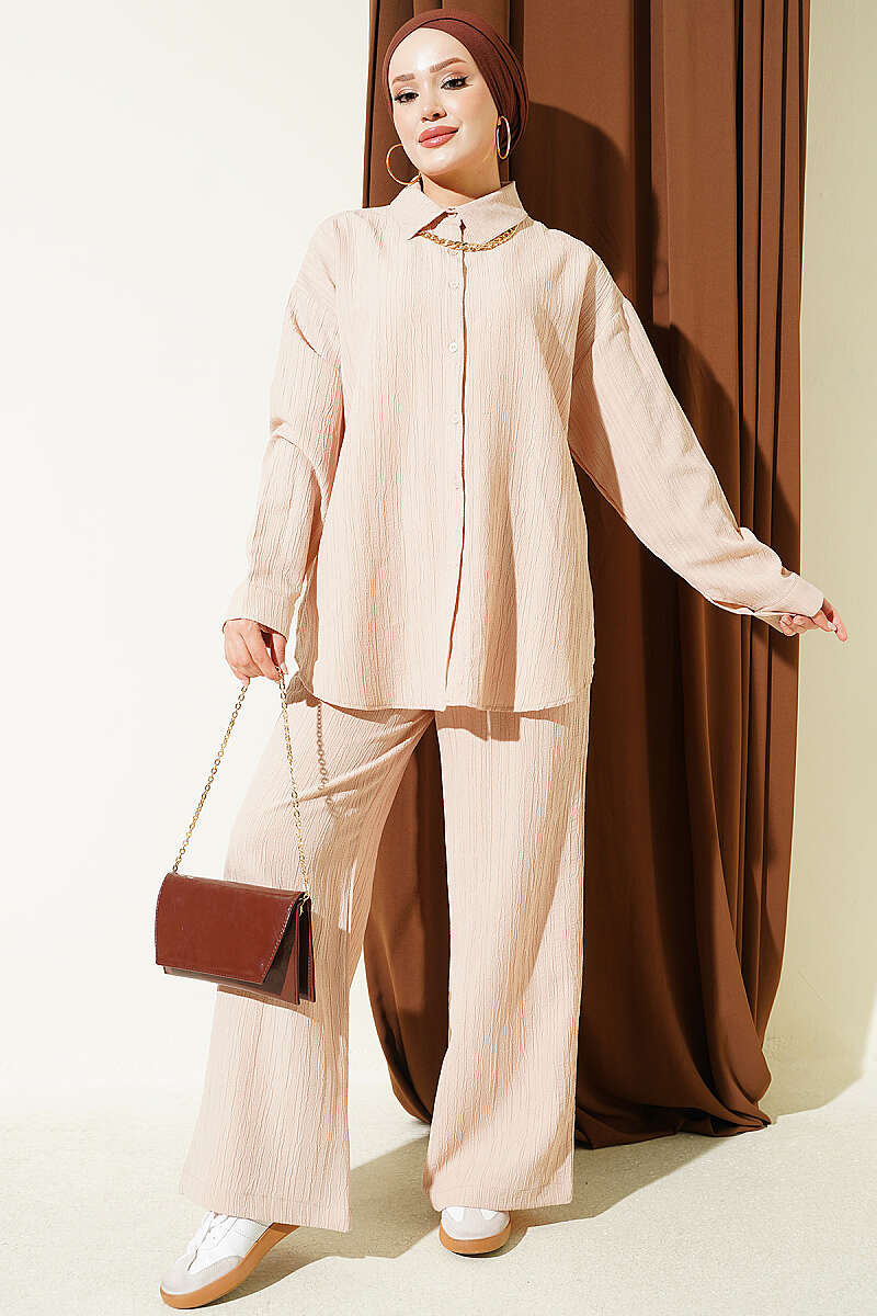 Buttoned Cuff Bouclé Two-Piece Set Beige