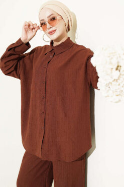 Alternative view of Buttoned Cuff Bouclé Two-Piece Set Brown