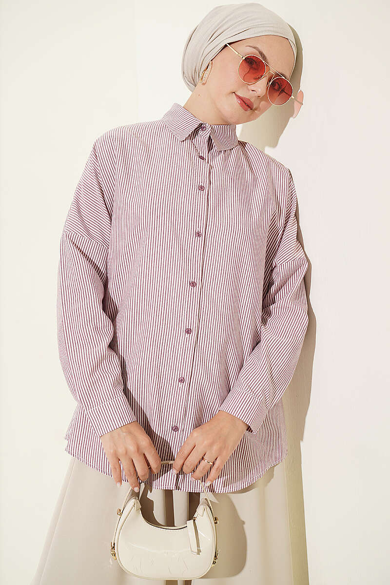 Buttoned Cuffed Striped Shirt Burgundy