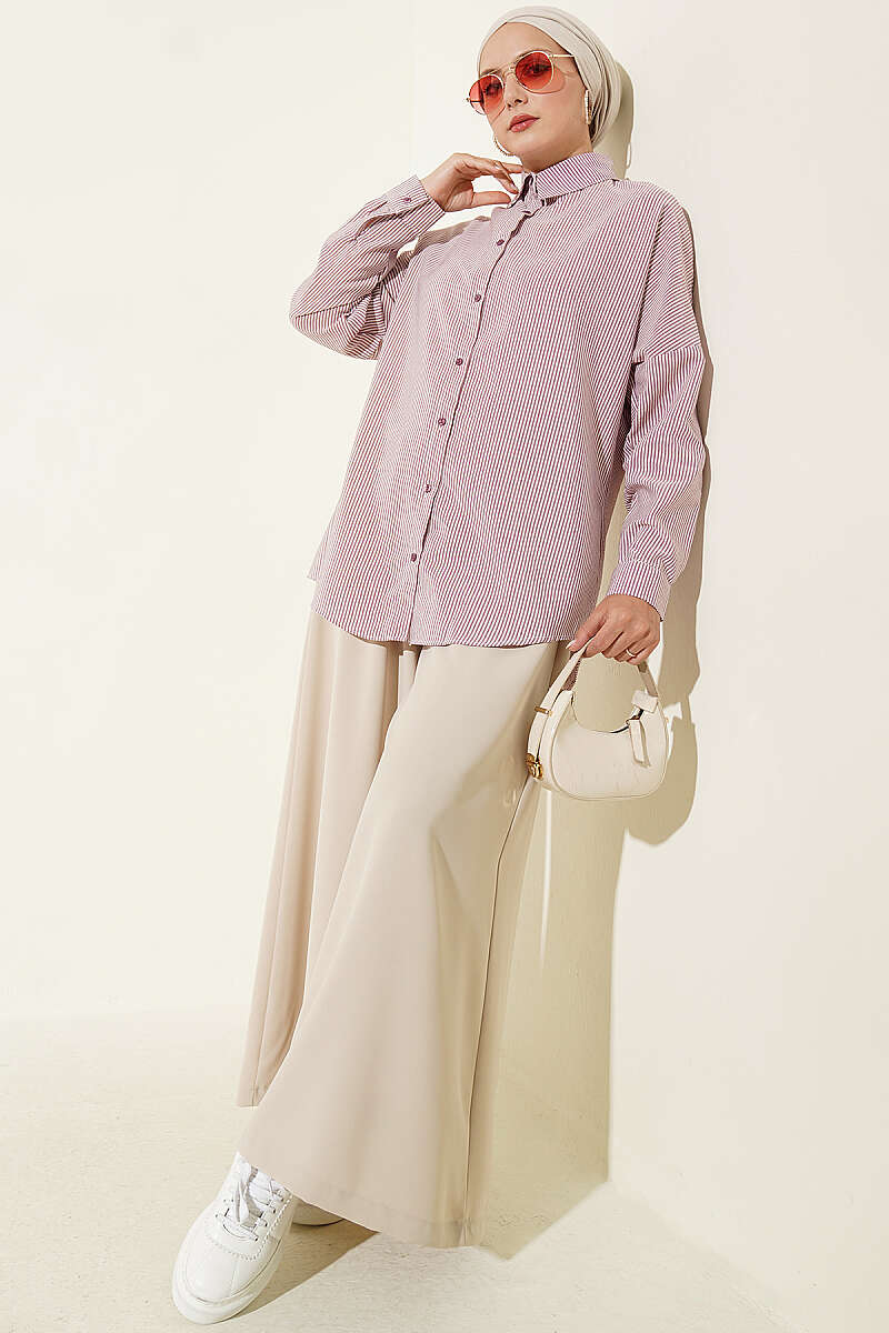 Buttoned Cuffed Striped Shirt Burgundy - الصورة 2