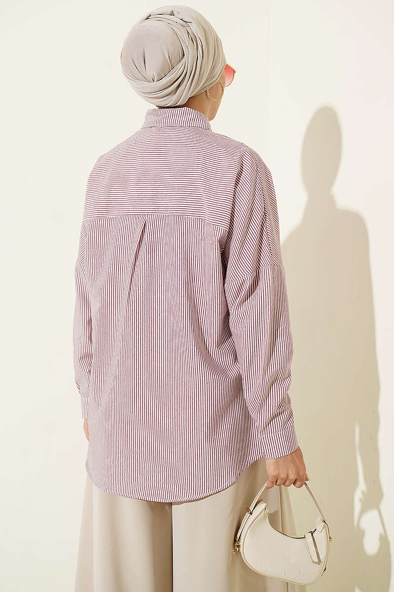 Buttoned Cuffed Striped Shirt Burgundy - الصورة 3