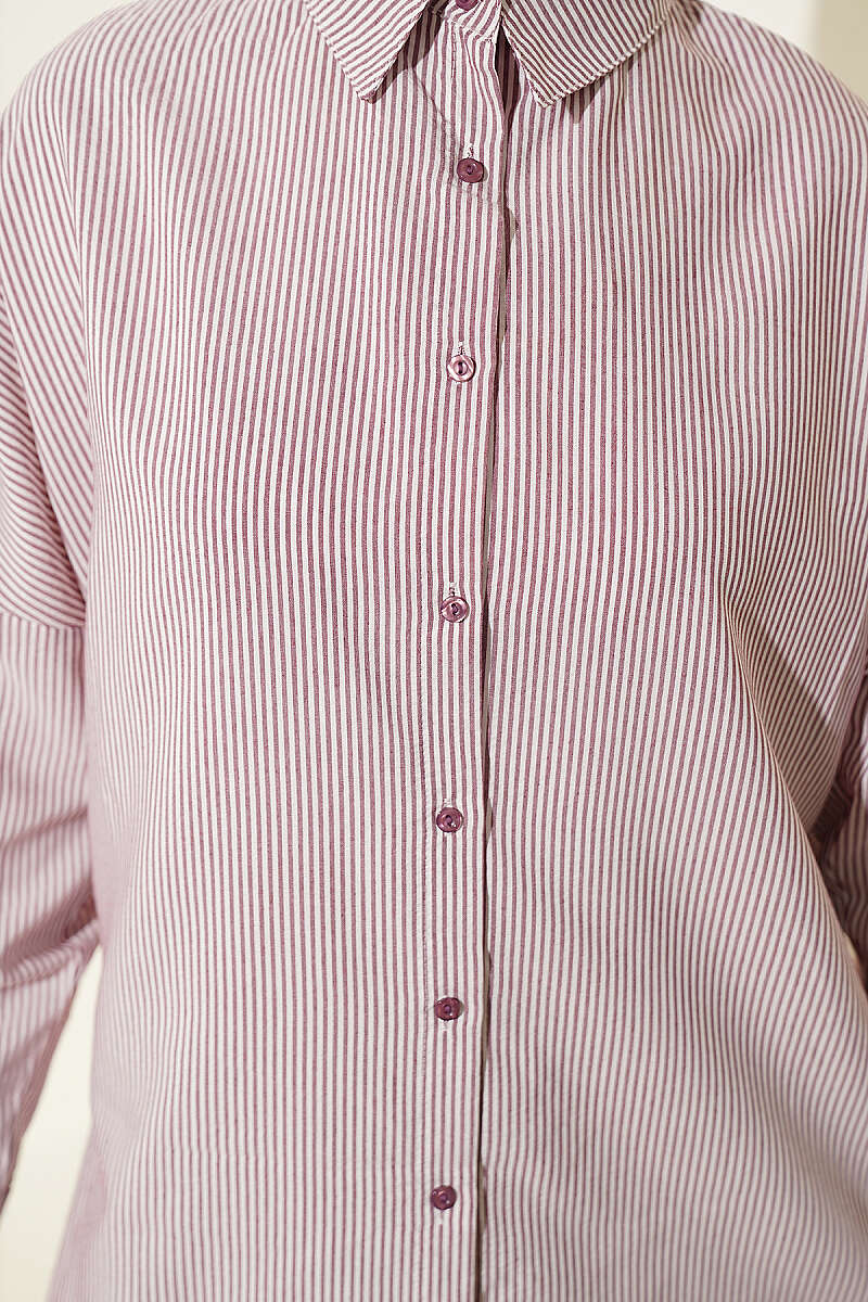 Buttoned Cuffed Striped Shirt Burgundy - الصورة 4