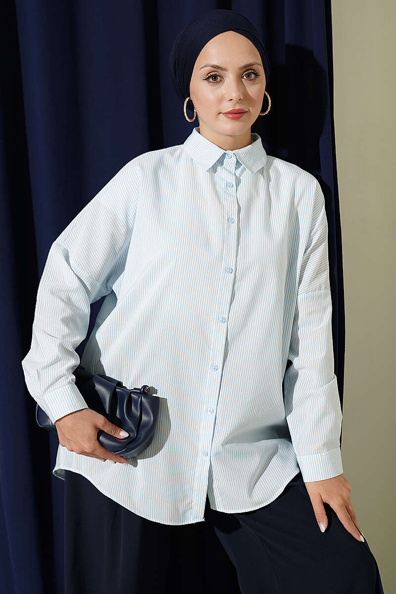 Buttoned Cuffed Striped Shirt Ice Blue