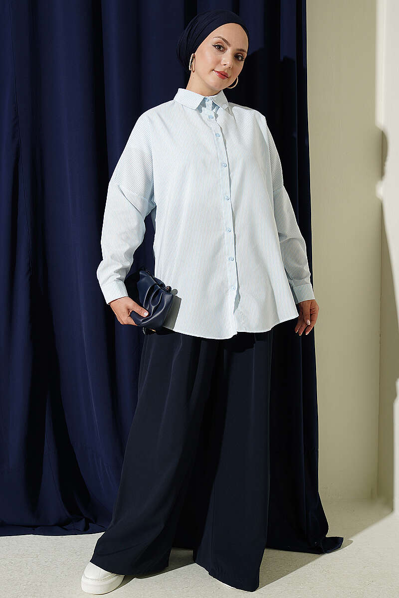 Buttoned Cuffed Striped Shirt Ice Blue - Image 2
