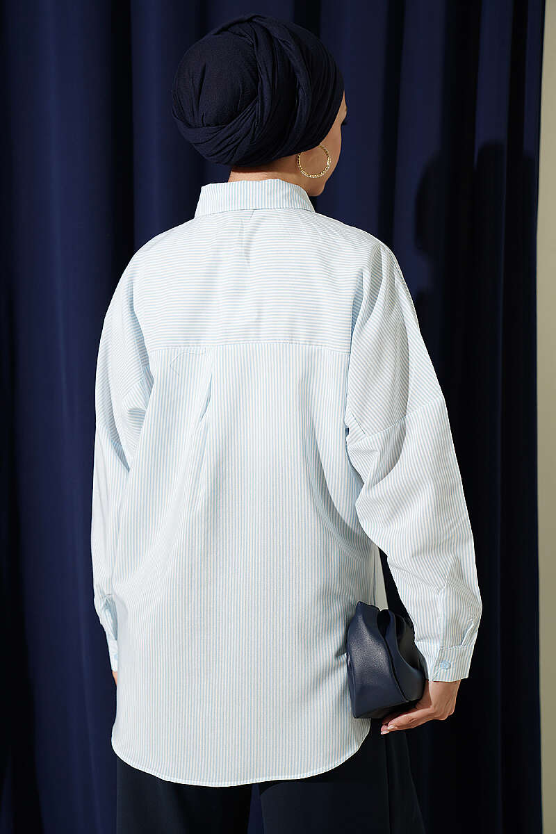 Buttoned Cuffed Striped Shirt Ice Blue - Image 3