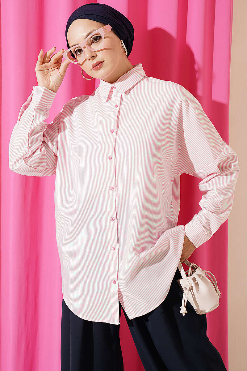Buttoned Cuffed Striped Shirt Pink