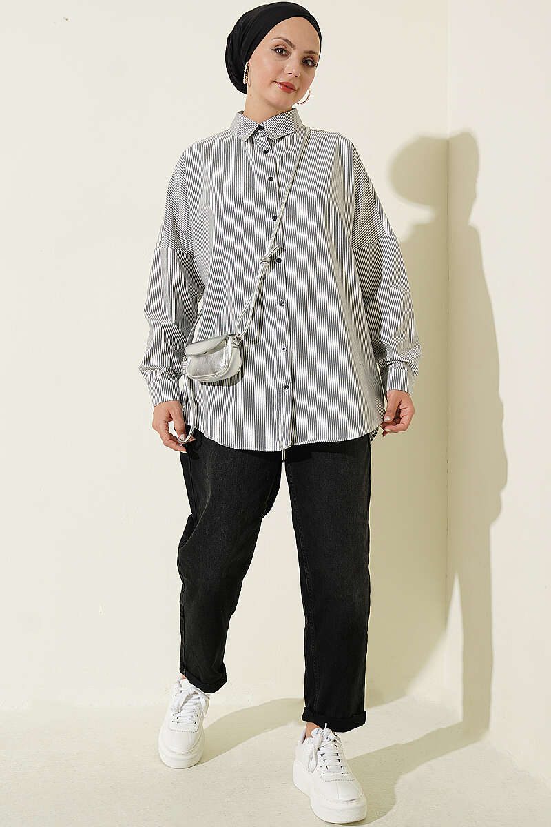 Buttoned Cuffed Striped Shirt Black