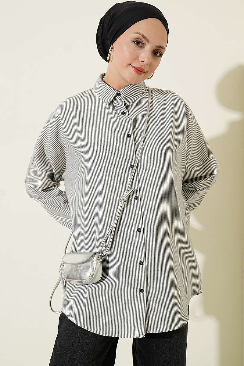 Buttoned Cuffed Striped Shirt Black - immagine 2