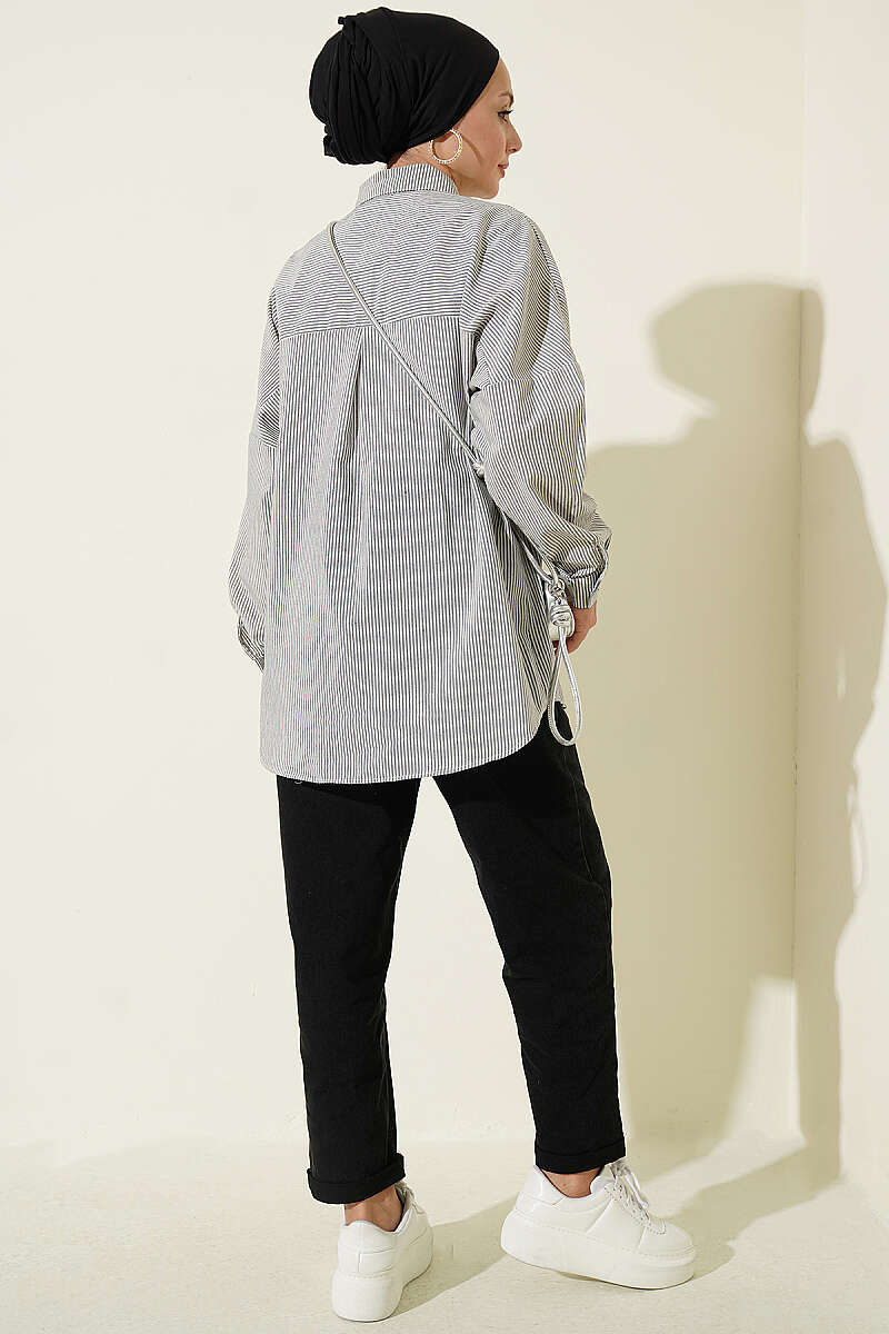 Buttoned Cuffed Striped Shirt Black - immagine 3