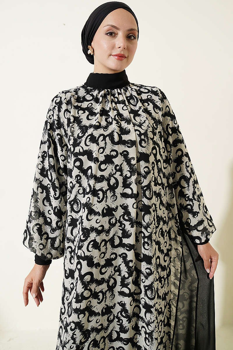 Button-Cuff Patterned Dress Black - immagine 2