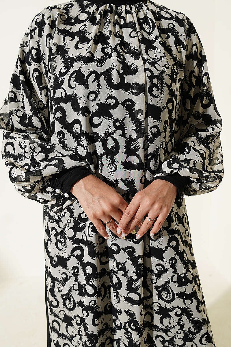 Button-Cuff Patterned Dress Black - immagine 4