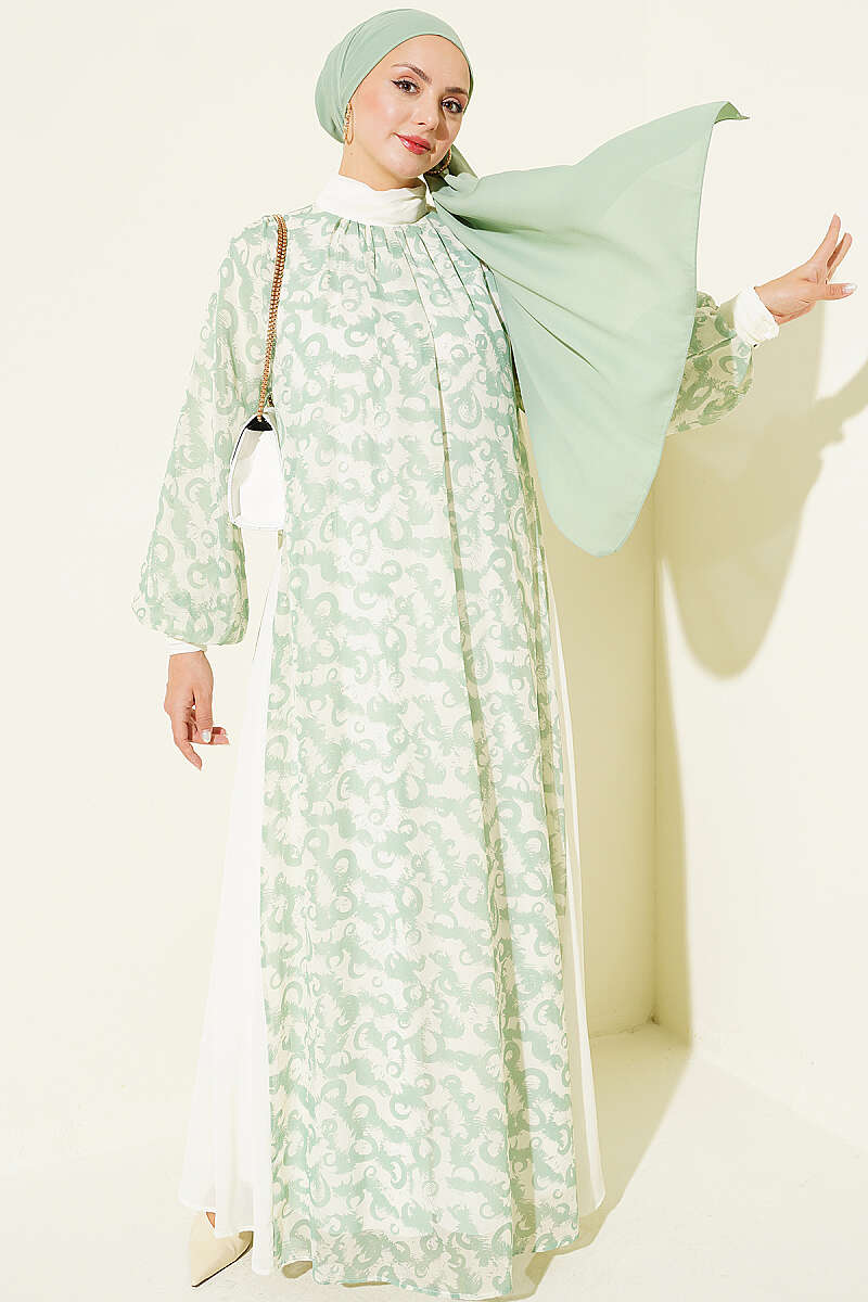 Button-Cuff Patterned Dress Aqua Green