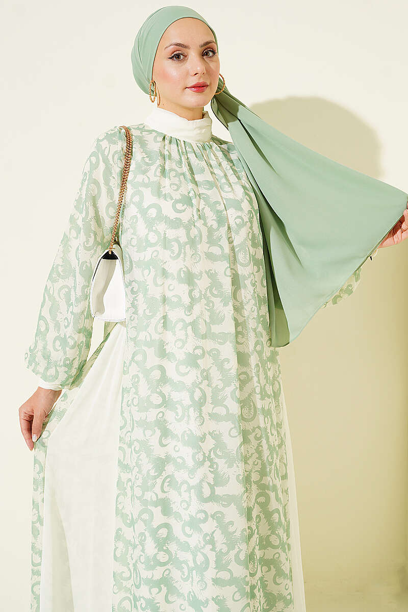 Button-Cuff Patterned Dress Aqua Green - Image 2