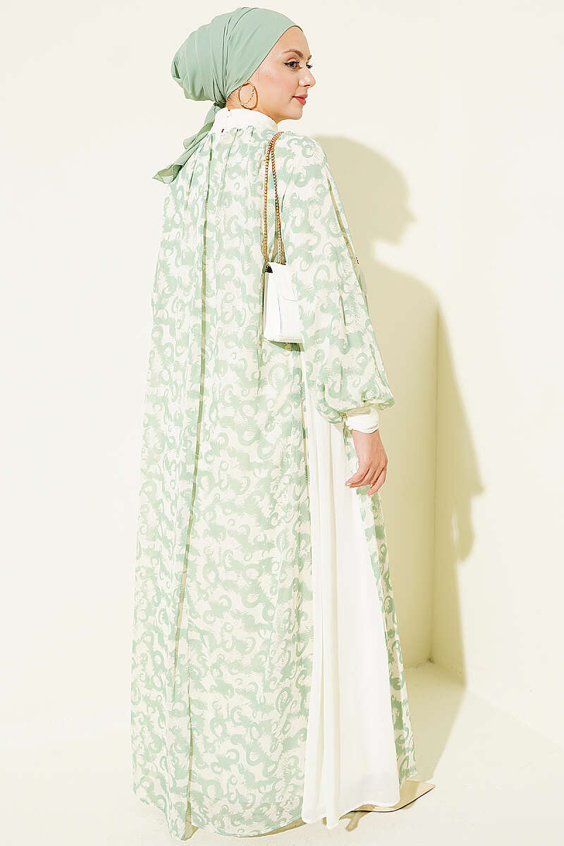 Button-Cuff Patterned Dress Aqua Green - Image 3