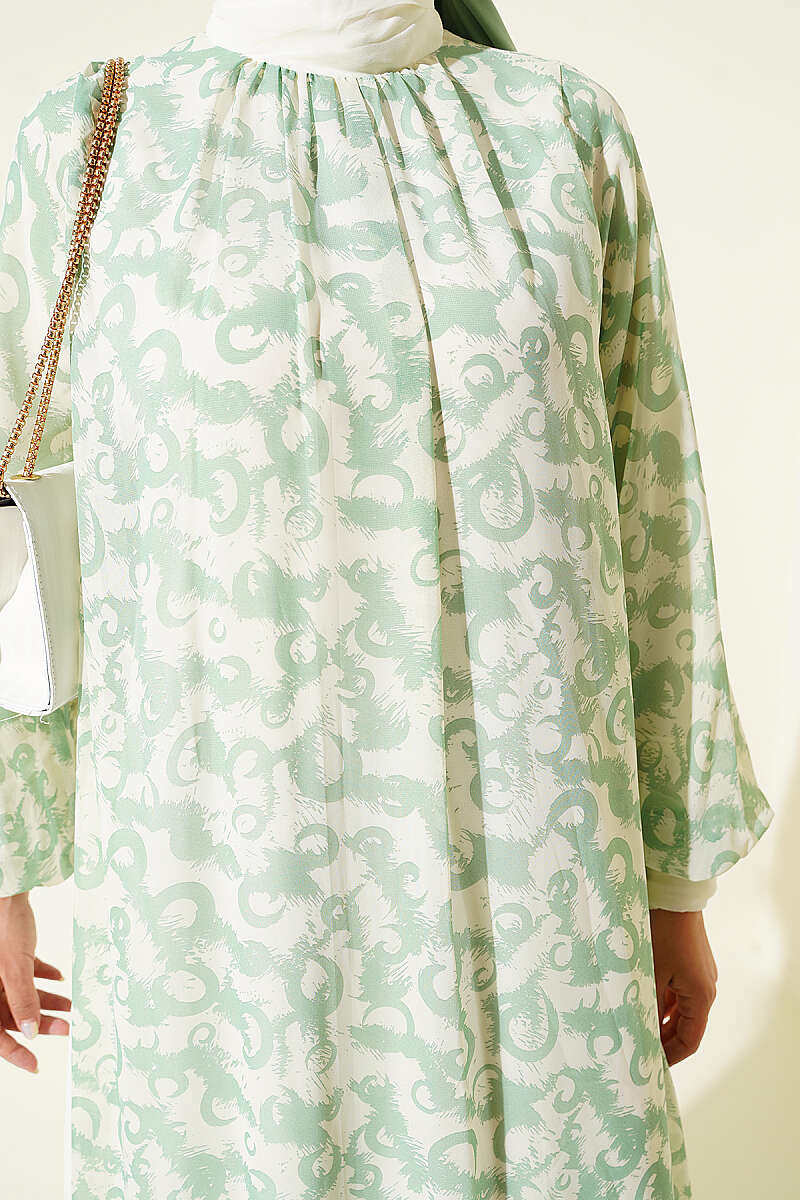 Button-Cuff Patterned Dress Aqua Green - Image 4