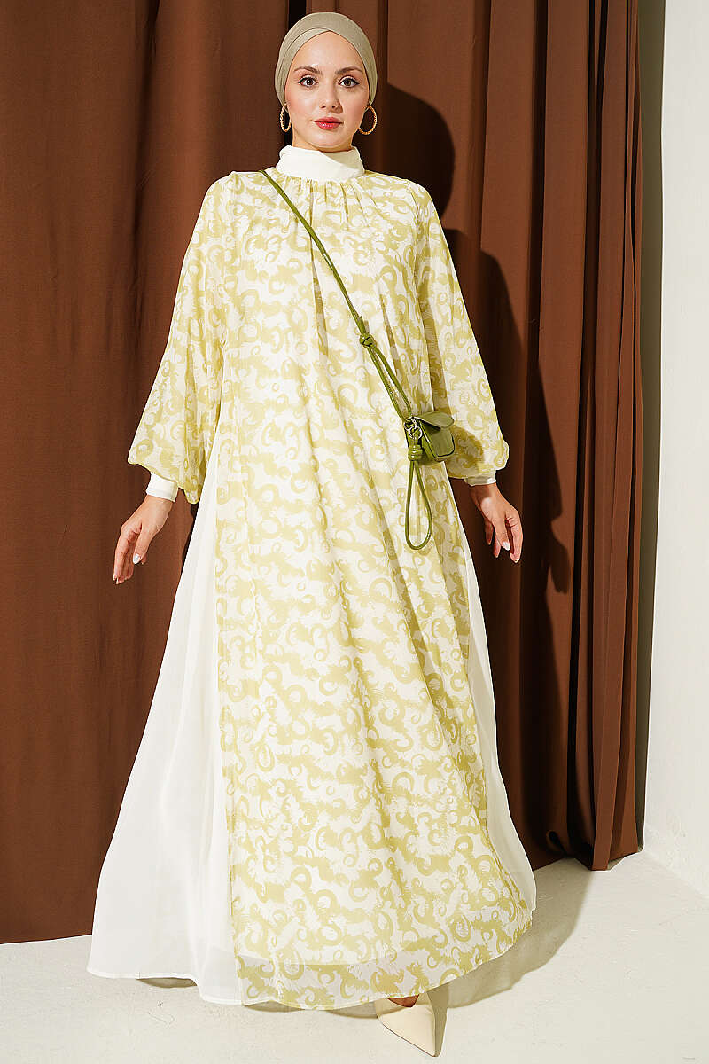 Button-Cuff Patterned Dress Aqua Green - Image 5