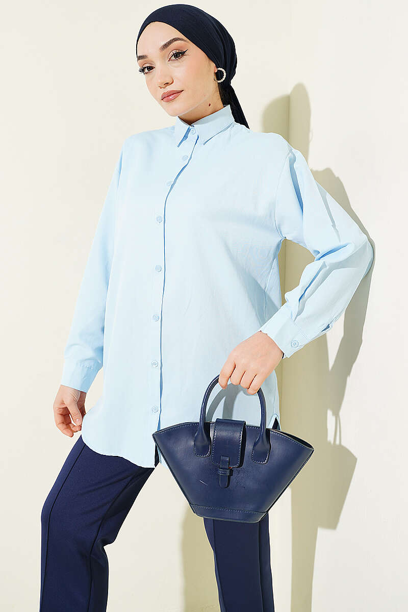 Cuff Button Plain Shirt Baby Blue
