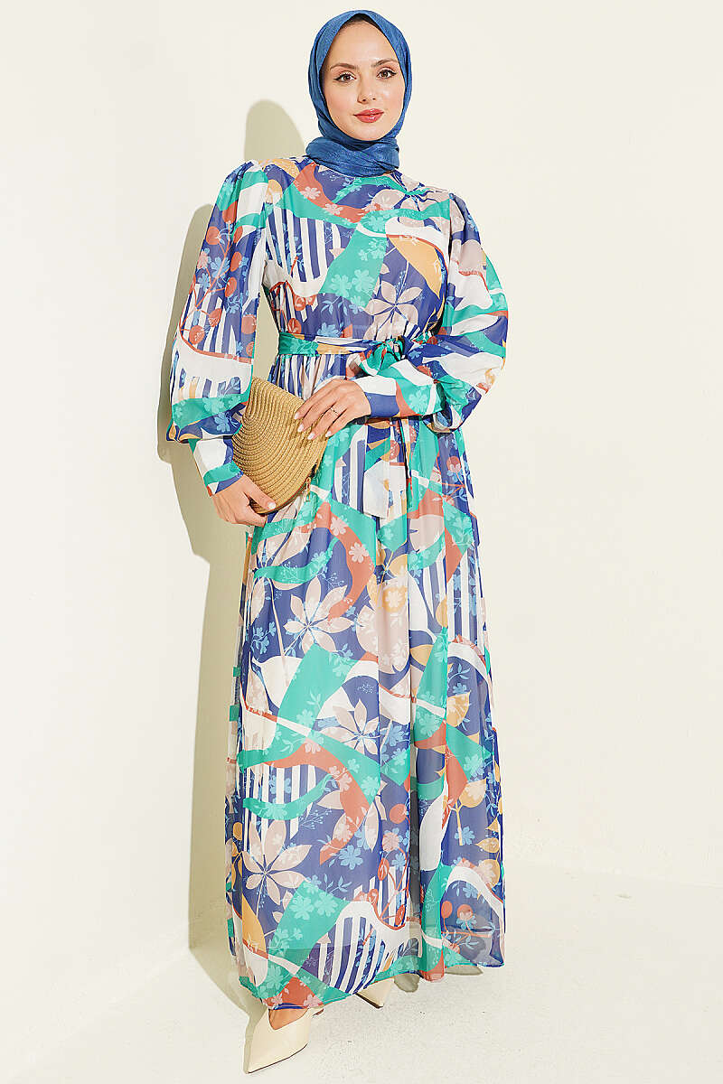 Buttoned Cuff Mixed Pattern Dress Navy Blue